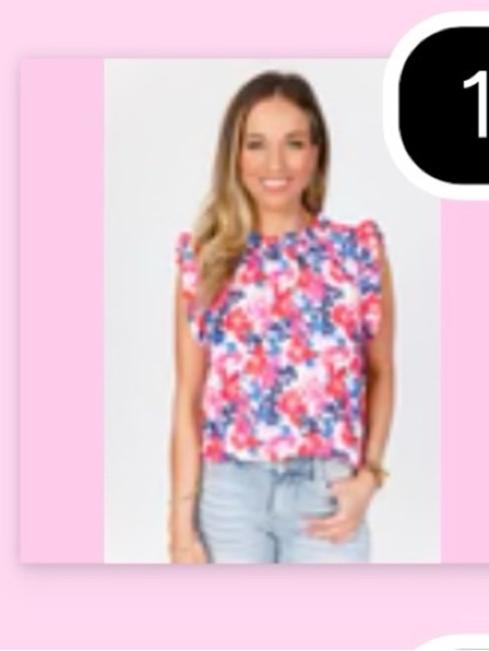 Peach Love California Pink & Blue Floral Ruffle-Shoulder Tank